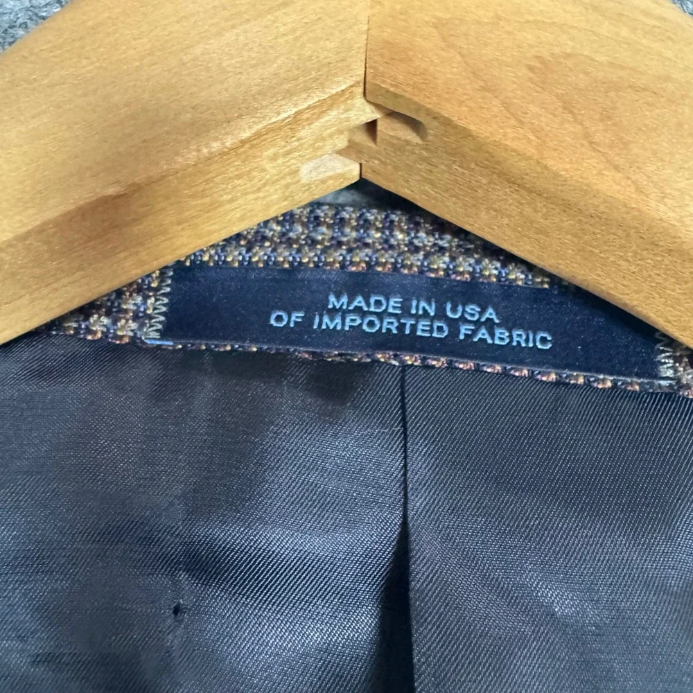 Joseph Abboud Silk Wool Blazer Jacket Mens 44R Tan Blue Houndstooth Sport Coat